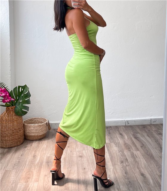 Midi φόρεμα με άνοιγμα στο στήθος και κόμπο (Λαχανί)