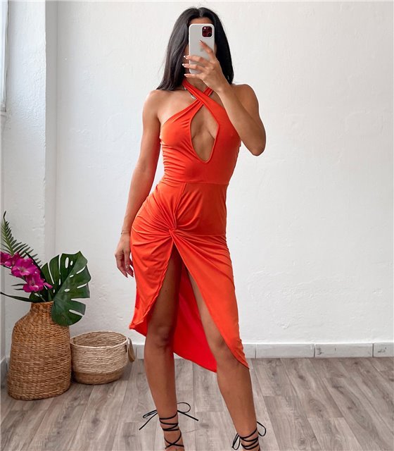 Midi φόρεμα με άνοιγμα στο στήθος και κόμπο (Πορτοκαλί)