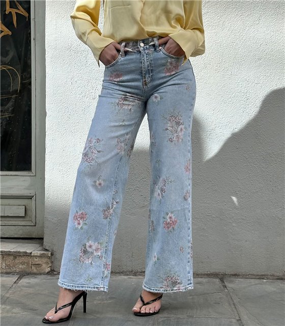 Τζιν ψηλόμεσο wide leg με λουλούδια Kinsley