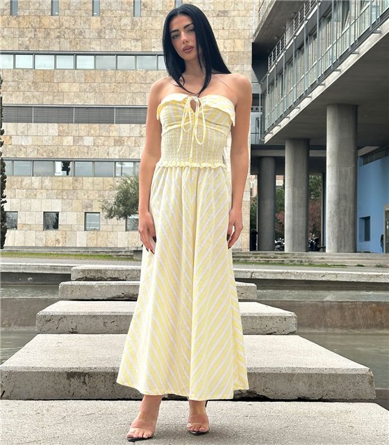 Yellow Stripe Strapless Midi Φόρεμα