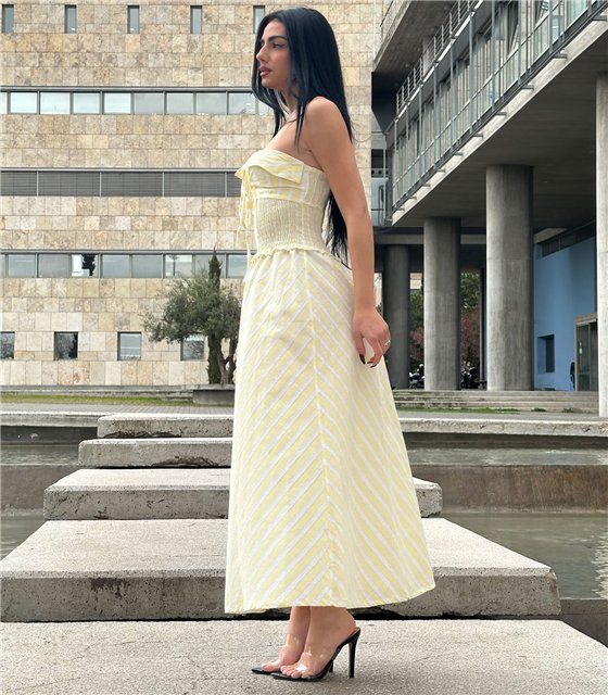 Yellow Stripe Strapless Midi Φόρεμα