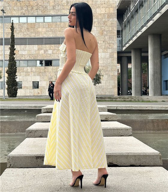 Yellow Stripe Strapless Midi Φόρεμα