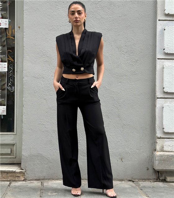 Chic Μαύρο Σετ με Tailored Crop Top & Παντελόνα