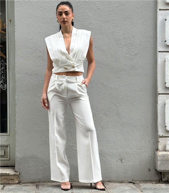 Chic Λευκό Σετ με Tailored Crop Top & Παντελόνα