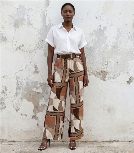 Σετ Πουκάμισο & Παντελόνι Palazzo με Ζώνη / Εμπριμέ Retro (Λευκό)