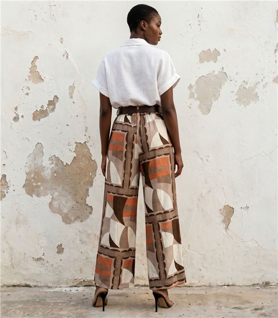 Σετ Πουκάμισο & Παντελόνι Palazzo με Ζώνη / Εμπριμέ Retro (Λευκό)