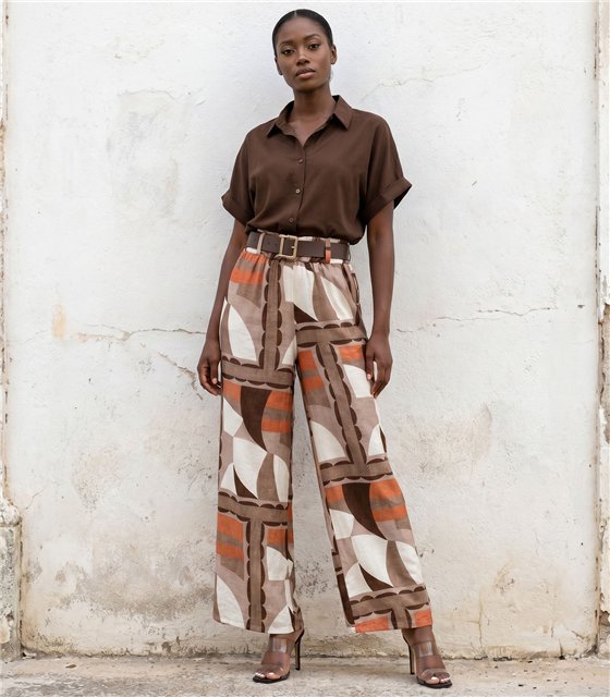 Σετ Πουκάμισο & Παντελόνι Palazzo με Ζώνη / Εμπριμέ Retro (Καφέ)