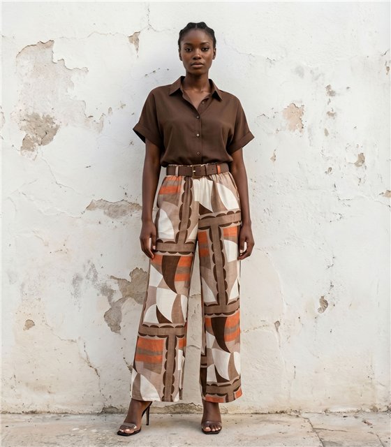 Σετ Πουκάμισο & Παντελόνι Palazzo με Ζώνη / Εμπριμέ Retro (Καφέ)