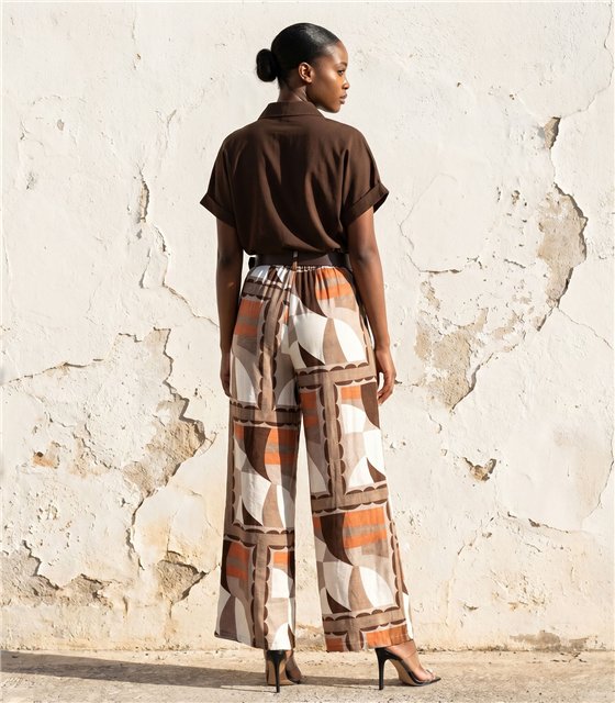 Σετ Πουκάμισο & Παντελόνι Palazzo με Ζώνη / Εμπριμέ Retro (Καφέ)