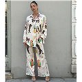 Σετ Λευκό Σατέν απο Πουκάμισο & Παντελόνα με Tropical Print