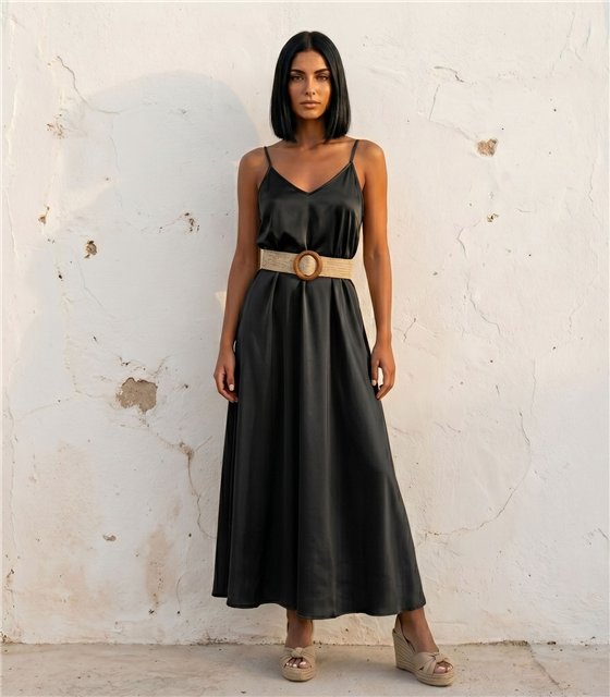Σατέν Maxi Φόρεμα με Τιράντες (Μαύρο)