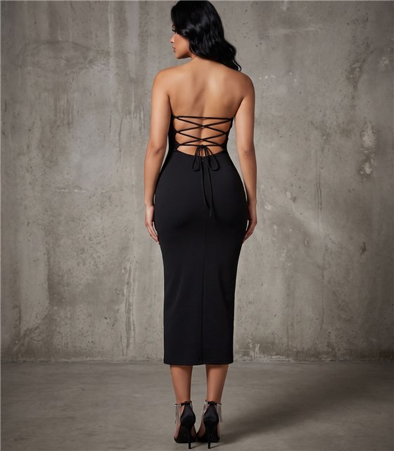 Φόρεμα Strapless Midi με Ανοιχτή Πλάτη