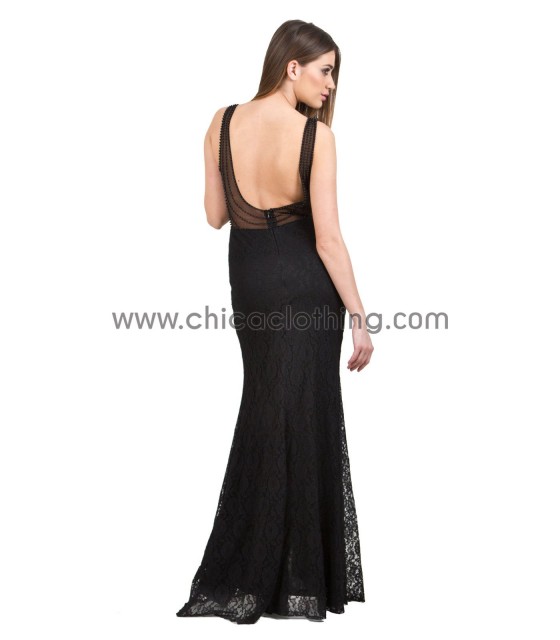 Δαντελωτό μάξι μαύρο φόρεμα με ανοιχτή πλάτη
