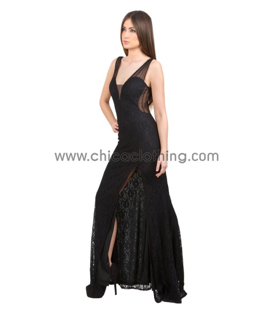 Δαντελωτό μάξι μαύρο φόρεμα με ανοιχτή πλάτη