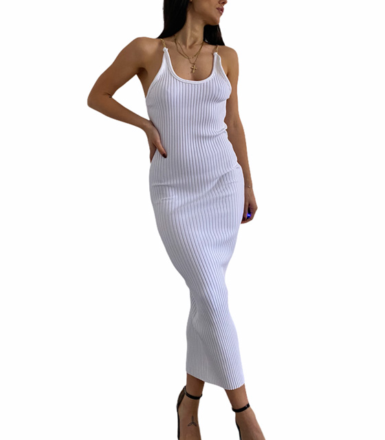 Πλεκτό φόρεμα με τιράντες αλυσίδα (Λευκό)
