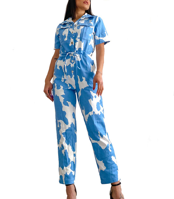 Ολόσωμη φόρμα τζιν cow print (Γαλάζιο) 10799