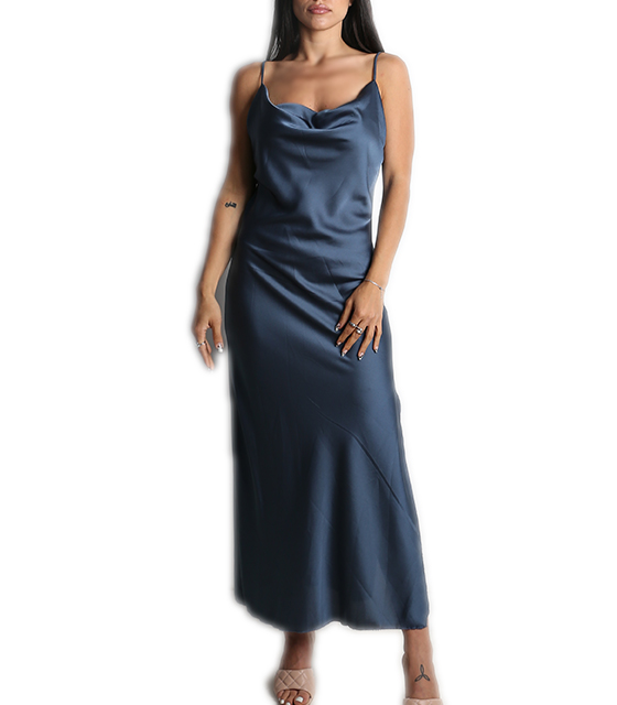 Φόρεμα μάξι σατέν τιράντα (Μπλε)