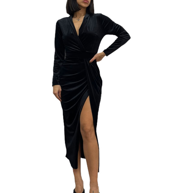Midi φόρεμα βελούδο κρουαζέ (Μαύρο)