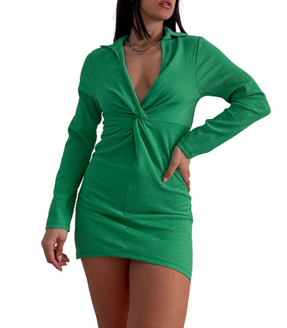 Φόρεμα γκοφρέ με κόμπο στο στήθος (Πράσινο)