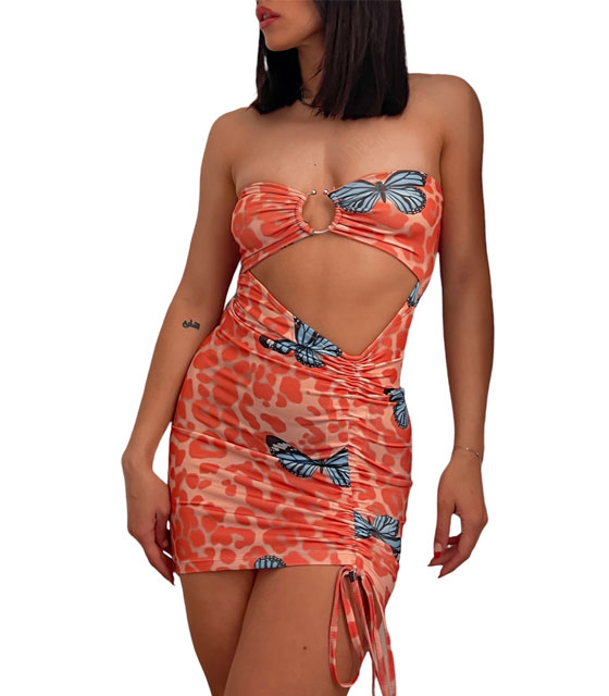 Φόρεμα με πεταλούδες και κρίκο (Πορτοκαλί)