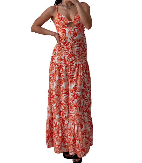 Μάξι φόρεμα φλοράλ με δετές τιράντες (Πορτοκαλί)