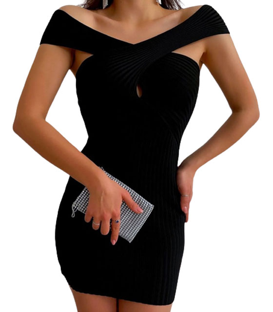 Πλεκτό μίνι φόρεμα bardot (Μαύρο)