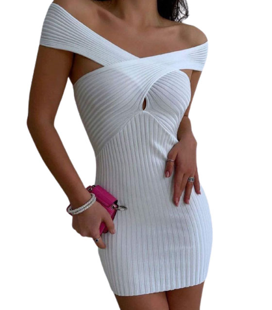 Πλεκτό μίνι φόρεμα bardot (Λευκό)