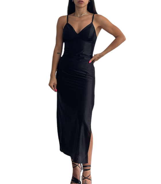 Φόρεμα σατέν με επένδυση Serenity (Μαύρο)