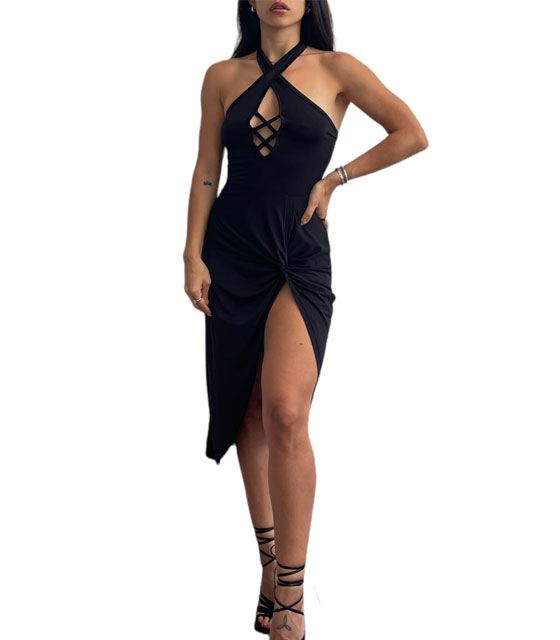 Midi φόρεμα με χιαστή λεπτομέρεια (Μαύρο)