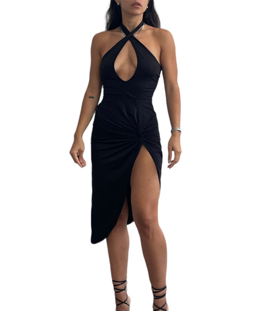 Midi φόρεμα με άνοιγμα στο στήθος και κόμπο (Μαύρο)