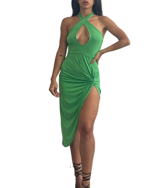 Midi φόρεμα με άνοιγμα στο στήθος και κόμπο (Πράσινο)