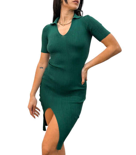 Πλεκτό φόρεμα με γιακά και άνοιγμα (Πράσινο)