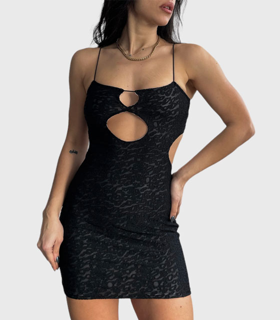 Μίνι φόρεμα λεοπάρ με ανοίγματα (Μαύρο)