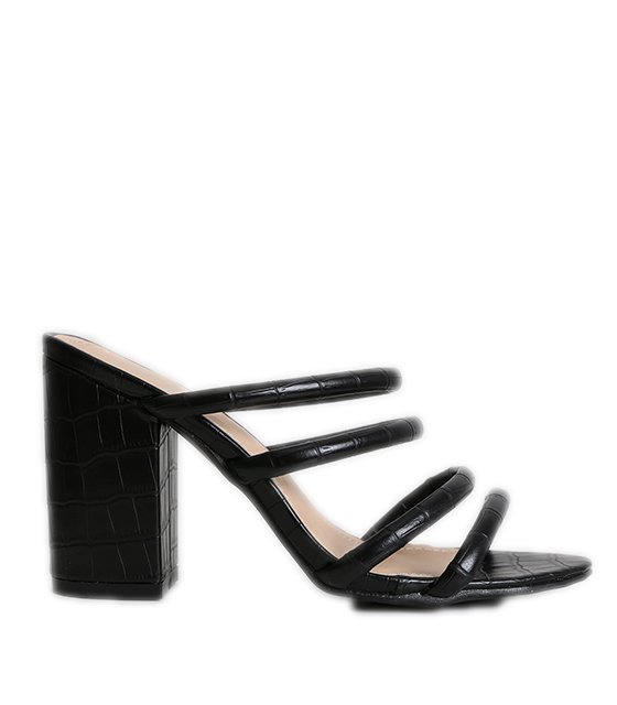 Πέδιλα mules croco με λουράκια και χοντρό τακούνι (Μαύρο)