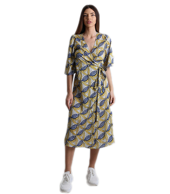 Midi φόρεμα δετό με 3/4 μανίκι και λουλούδια (Κίτρινο)